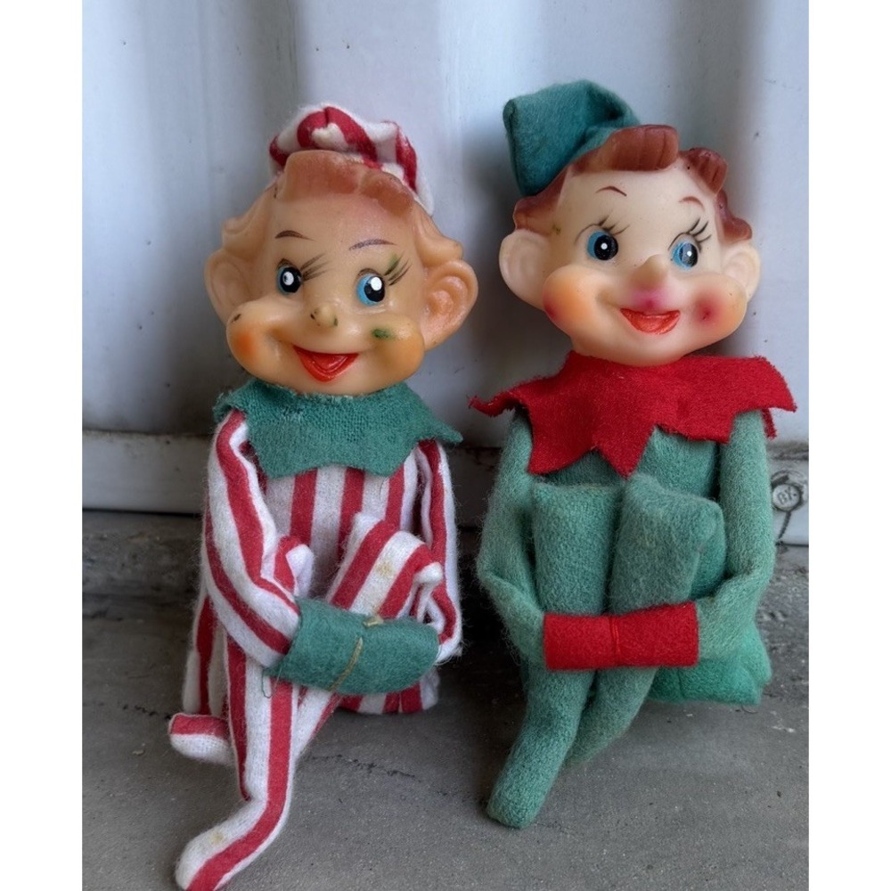 Vintage Japan Pixie Elf Knee Hugger Pair Green Striped Christmas Shelf Sitters